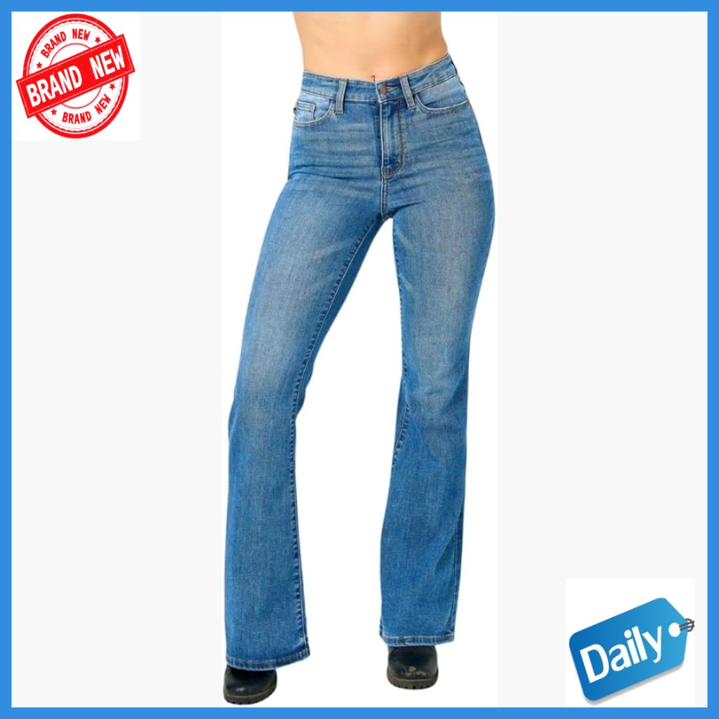 High Waisted Flare Jeans, Wide Leg Denim, Stretch Comfort Fit